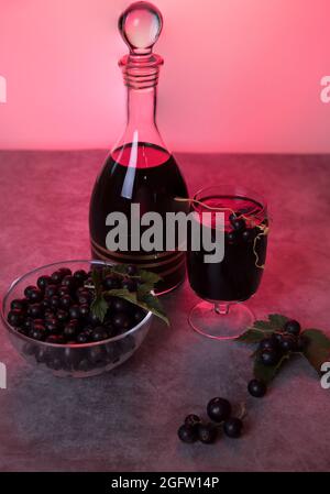 Hausgemachter Likör aus schwarzen Johannisbeerbeeren. Low-Taste Stockfoto