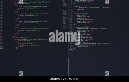 Entwickler Python, java-Skript, HTML, css-Quellcode auf dem Bildschirm. Schreiben Skript des Software-Entwicklers. Programm-Codierung. Programmierer Bearbeitung von Code Stockfoto