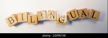 Das Wort zweisprachig wurde aus Holzwürfeln geschaffen. Bildung und Wirtschaft. Nahaufnahme. Stockfoto