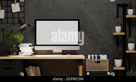 Moderne Loft Industrie Home Office Innenarchitektur mit Computer-Monitor, moderne Dekorationen und Pflanzen, Nahaufnahme, 3d-Rendering, 3d-Illustration Stockfoto