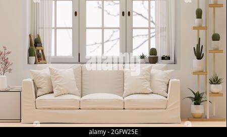 Nahaufnahme, modernes, gemütliches, minimalistisches weißes Wohnzimmerdesign mit weißem, bequemen Sofa in der Nähe des Fensters, Zimmerpflanzen auf stilvollem Regal und Topf, 3d-Rendering, Stockfoto