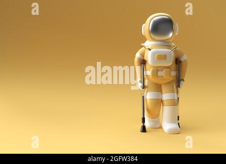 3D Render Astronaut deaktiviert mithilfe von Krücken, um 3D Illustration Design zu gehen. Stockfoto