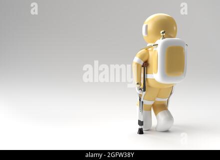 3D Render Astronaut deaktiviert mithilfe von Krücken, um 3D Illustration Design zu gehen. Stockfoto