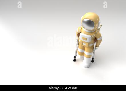 3D Render Astronaut deaktiviert mithilfe von Krücken, um 3D Illustration Design zu gehen. Stockfoto