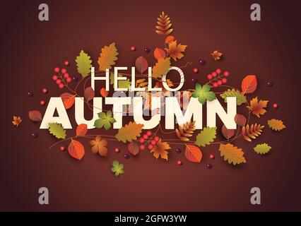 hallo Herbst stilvolle Hintergrund schmücken mit Blättern und Früchten. Web-Banner. Vektorgrafik Poster Vorlage Design. Stock Vektor