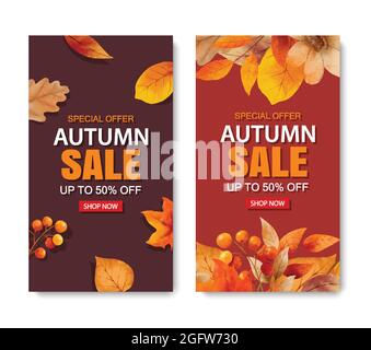 Herbst Verkauf Banner Vorlage Hintergrund. Herbsteinkauf mit Blättern und Text. Stock Vektor