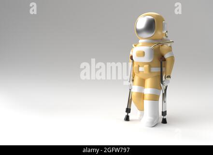 3D Render Astronaut deaktiviert mithilfe von Krücken, um 3D Illustration Design zu gehen. Stockfoto