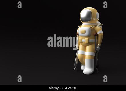 3D Render Astronaut deaktiviert mithilfe von Krücken, um 3D Illustration Design zu gehen. Stockfoto