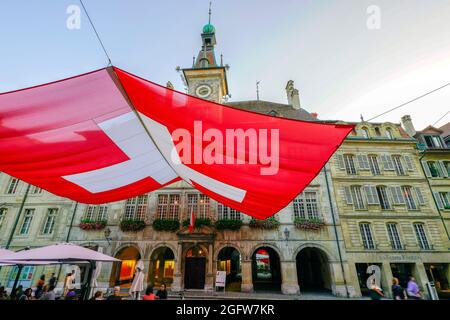 Rathaus (Place de la Palud) in Lausanne am Nordufer des Genfer Sees. Hauptstadt des Kantons Waadt, Schweiz. Es ist die Heimat der Internationalen Olympischen Spiele Stockfoto