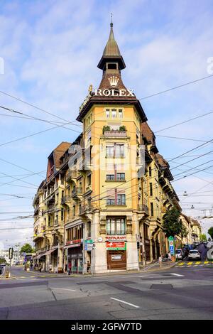 Straßenansicht des Chauderon Platzes (Place Chauderon) in Lausanne, Hauptstadt des Kantons Waadt, Schweiz. Stockfoto