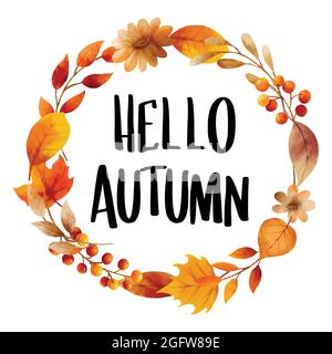 Hallo Herbst mit verzierten Blättern Blumenrahmen. Herbst oktober handgezeichnetes Design mit Schriftzügen. Stock Vektor