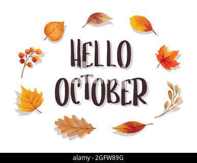 Hallo oktober mit verzierten Blättern Blumenrahmen. Herbst oktober handgezeichnetes Design mit Schriftzügen. Stock Vektor