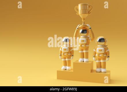 Erfolgreicher Astronaut erhielt die First Prize Trophy 3D Rendering. Stockfoto