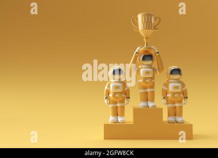 Erfolgreicher Astronaut erhielt die First Prize Trophy 3D Rendering. Stockfoto