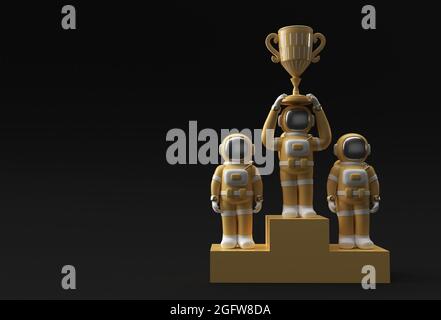 Erfolgreicher Astronaut erhielt die First Prize Trophy 3D Rendering. Stockfoto