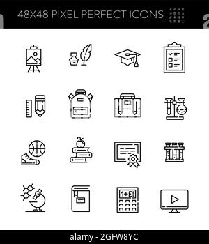 Vektorsymbole für Schulen und Universitäten. Rucksack, Chemie, Kunst, Abschluss, Online-Lernen und körperliche Bildung. Pixelgenaue, bearbeitbare Kontur Stock Vektor