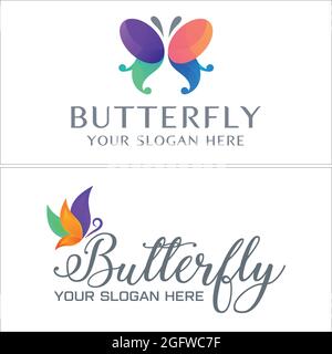 Farbenfrohe Schmetterling fliegenden Schriftzug Kalligraphie Symbol-Logo Stock Vektor