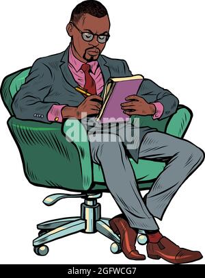 Ein schwarzer männlicher Psychotherapeut befindet sich in einer Psychotherapiesitzung, sitzt auf einem Stuhl und macht Notizen in einem Notizbuch Stock Vektor