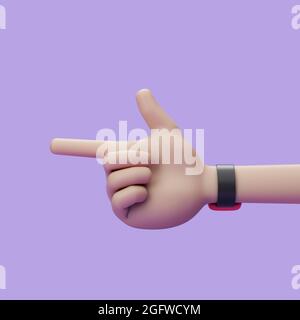 Cartoon Hand Finger zeigen auf über violetten Hintergrund. Einfache 3d-Renderdarstellung. Isoliertes Objekt Stockfoto