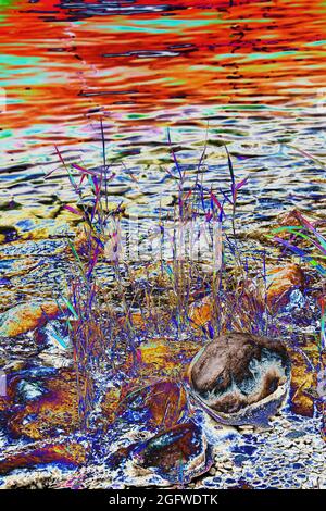 Abstrakte Grafik basierend auf einem Bild von Steinen am Ufer des Sees Stockfoto