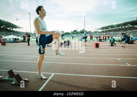 Lausanne, Schweiz. August 2021. Carsten Warholm aus Norwegen beim 400-Meter-Rennen während der Wanda Diamond League 2021 bei der Olympique de la Pontaise in Lausanne. (Foto: Gonzlaes Photo - Tilman Jentzsch). Kredit: Gonzales Foto/Alamy Live Nachrichten Stockfoto