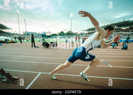 Lausanne, Schweiz. August 2021. Carsten Warholm aus Norwegen beim 400-Meter-Rennen während der Wanda Diamond League 2021 bei der Olympique de la Pontaise in Lausanne. (Foto: Gonzlaes Photo - Tilman Jentzsch). Kredit: Gonzales Foto/Alamy Live Nachrichten Stockfoto