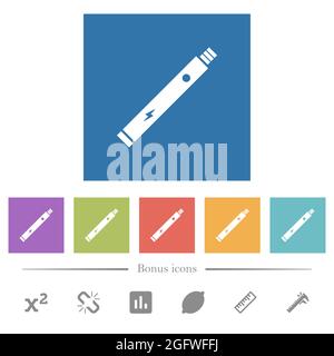 Elektronische Zigarette solide flache weiße Symbole in quadratischen Hintergründen. 6 Bonus-Symbole enthalten. Stock Vektor