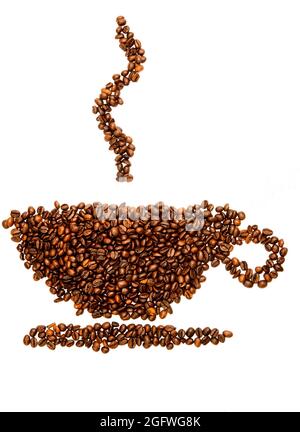 Kaffee (Coffea spec.), Kaffeetasse aus gerösteten Kaffeebohnen, Symbolbild Preissteigerung bei Kaffee Stockfoto