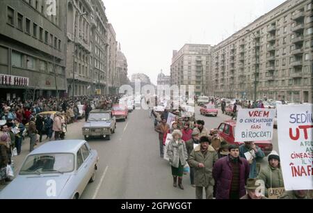 Bukarest, Rumänien,1990. Die Filmemacher treten unmittelbar nach dem Fall des Kommunismus in Hungerstreik, um die Unabhängigkeit vom Kulturministerium (Ministerul Culturii) zu erlangen. Die Forderung der Demonstranten wurde nach 4 Tagen akzeptiert, aber ein Jahr später wurde die rumänische Kinematografie erneut der Regierung untergeordnet. Schild mit der Aufschrift „Wir wollen eine Kinematographie ohne Bürokraten“. Stockfoto