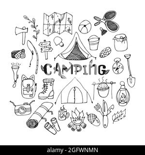 Handgezeichnete Kritzeleien zum Thema Tourismus und Camping. Camping-Umriss-Set. Für Plakate und Werbung zum Wandern. Lineare Vektordarstellung Stock Vektor