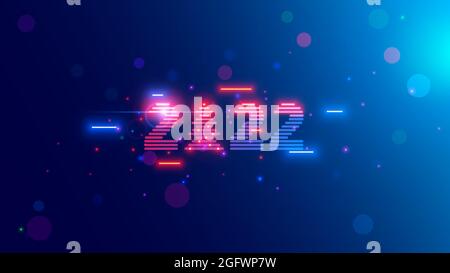 2022 Jahre Vision Logo auf blauem Hintergrund mit Neonlampen, weihnachtsbaum. Tech-Cyberpunk-Stil Ziffern 20 22. Neujahr Karte im digitalen Retro 80. Oder Stock Vektor