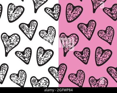 Grunge Hand gezeichnete Doodle Herzen nahtlose Muster. Schrullige Liebe Symbole, schwarze Farbe. Lila, weiß leicht bearbeitbare Farben Hintergrund. Vektor Stock Vektor