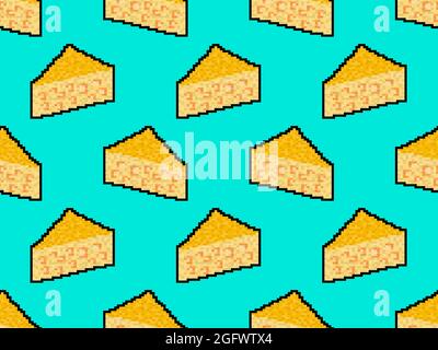 Käse 8 Bit Pixel Art nahtloses Muster. Pixel Käse mit Löchern in 8-Bit-Retro-Videospiel-Grafik-Stil 80er - 90er Jahre. Design für Geschenkpapier, Banner Stock Vektor