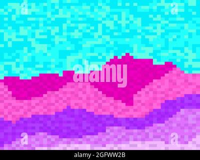 Farbenfrohe Landschaft im Pixel-Art-Stil. Retro 8-Bit-Videospiel der 90er in 2D. Design für Druck, Verpackung und Werbung. Vektorgrafik Stock Vektor