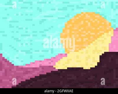 Pixellandschaft mit Bergen und Sonne. Sonnenaufgang über den Bergen im Pixel-Art-Stil. Retro 8-Bit-Videospiel der 90er in 2D. Vektorgrafik Stock Vektor