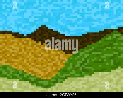 Pixellandschaft mit grünen Wiesen und Hügeln. Retro 8-Bit-Videospiel der 90er in 2D. Pixel Art Design für Spiele, Apps, Banner und Poster. Vektor i Stock Vektor
