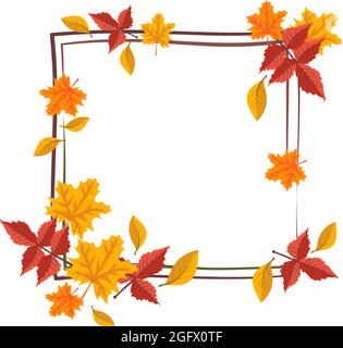 Quadratischer Rahmen mit orangefarbenen und gelben Ahornblättern. Heller Herbstkranz mit Geschenken der Natur und Ästen mit leerem Platz für Text Stock Vektor