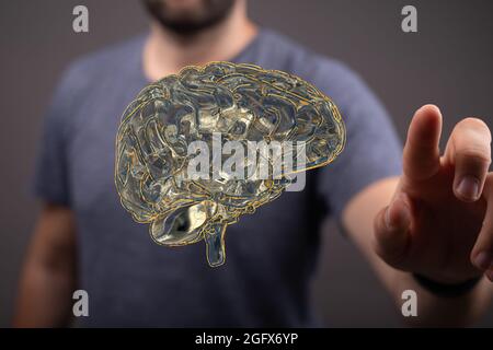 Digitale Illustration des menschlichen Gehirns. Elektrische Aktivität, Blitze und Blitze auf blauem Hintergrund. Stockfoto