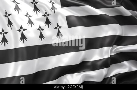 Flagge der Bretagne weht im Wind. 3D-Illustration. Stockfoto