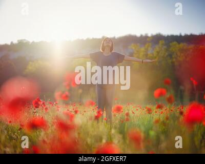 Junge schöne Frau mit erhobenen Armen im Frühjahr Mohnfeld. Sanfte Farben. Nachdenkliche, entspannte Atmosphäre. Stockfoto