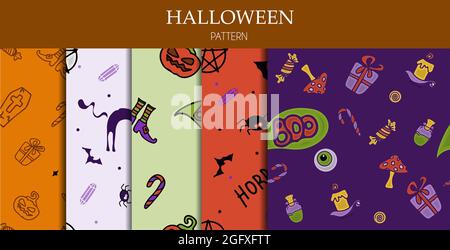 vektor nahtlose Doodle Halloween Muster bunte Cartoon Cliparts, Symbole Hand zeichnen Banner für Anzeige, Web, Party Stock Vektor