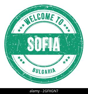 WILLKOMMEN IN SOFIA - BULGARIEN, Worte auf grüner runder Münzmarke geschrieben Stockfoto