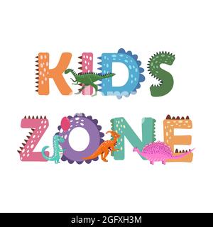 Dino Kinder. Dinosaurier-Schriftzug. Helle moderne Illustration für Kinder, Kinderzimmer, Poster, Karte, Geburtstagsfeier, Verpackungspapierdesign Stock Vektor