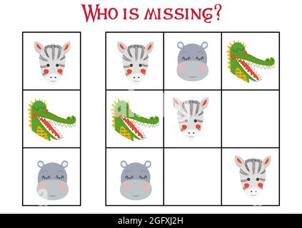 Sudoku Spiel für Kinder mit Bildern. Kinder Aktivität Blatt. Niedliche afrikanische Tiere Schnauze Stock Vektor
