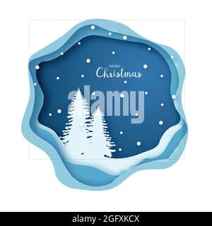 Origami verschneiten Weihnachtsbaum Wald. Frohe Weihnachten und Frohes neues Jahr. Papierkunst. Grußkarte. Vektorgrafik. Stock Vektor