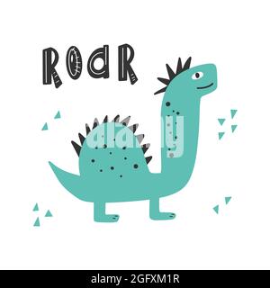 Niedlicher Dinosaurier mit Slogan-Grafik - brüllen, lustige Dino-Cartoons. Vektor lustige Beschriftung Zitat mit Dino-Symbol, skandinavische handgezeichnete Illustration für g Stock Vektor