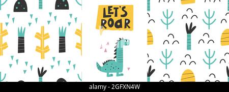 Niedlicher Dinosaurier mit Mustern - handgezeichnet kindisch abstrakt nahtlos Print Design Digitales Papier Vektor Illustration Stock Vektor