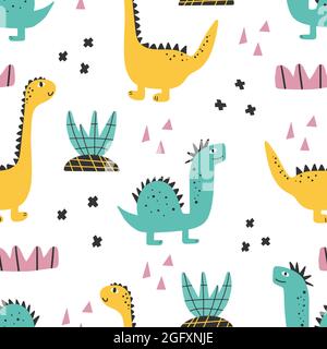 Niedliches Dinosaurier-Muster - handgezeichnetes kindliches Dinosaurier-nahtloses Druckdesign Digitales Papier Vektor-Illustration Stock Vektor