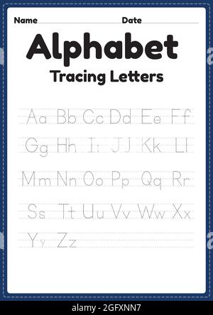 abc-Arbeitsblatt zum Aufzeichnen von Buchstaben für Kindergarten- und Vorschulkinder für Handschriftenübungen und pädagogische Aktivitäten auf einer druckbaren Seite. Stock Vektor