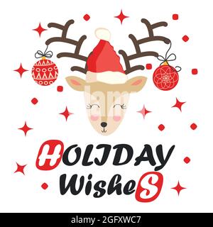Hirsch mit Weihnachtskugeln auf den Hörnern. Weihnachtskarte mit einem Hirsch und Buchstaben. Niedliches Winterposter, Weihnachtskarte Stock Vektor